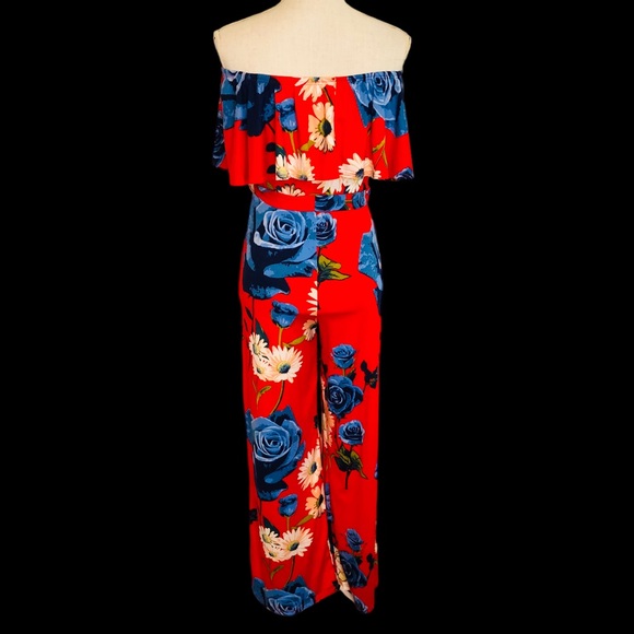 Red Floral Strapless Ruffle Flounce Top Belted Wide Leg Jumpsuit S - Picture 3 of 12